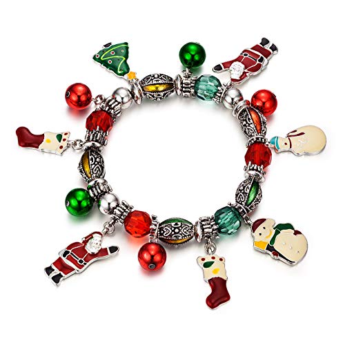 Product Cover RareLove Cute Christmas Santa Claus Charm Beaded Bracelet Stretch Strand Elastic Xmas Tree Stcoking Snowman Bell Rings Red Green Beads for Women Girls