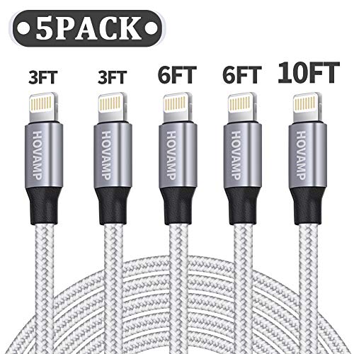 Product Cover HOVAMP iPhone Charger, MFi Certified Lightning Cable 5 Pack (3/3/6/6/10FT) Nylon Woven with Metal Connector Compatible iPhone 11/Pro/Xs Max/X/8/7/Plus/6S/6/SE/5S iPad - Silver&White