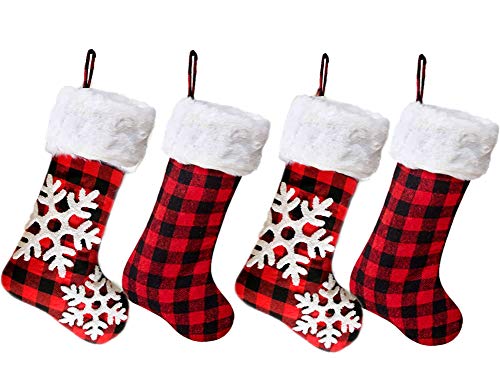 Product Cover AISENO 4 Pack 20 Inch Buffalo Plaid Christmas Stockings with Snowflake Black Red Plaid White Faux Fur Hanging Ornaments Candy Gift Bags for Christmas Decorations