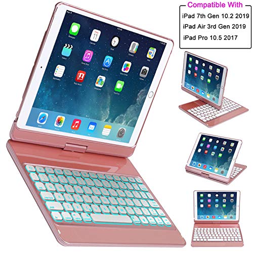 Product Cover iPad Keyboard Case for iPad 7th Generation (iPad 10.2 Inch 2019) / iPad Air 10.5 2019 / iPad Pro 10.5, 7 Color Backlit 360 Rotate Wireless Keyboard with Smart Folio Back Cover (Rose Gold)
