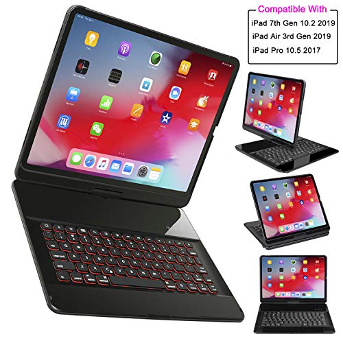 Product Cover iPad Keyboard Case for iPad 7th Generation (iPad 10.2 Inch 2019) / iPad Air 10.5 2019 / iPad Pro 10.5, 7 Color Backlit 360 Rotate Wireless Keyboard with Smart Folio Back Cover (Black)