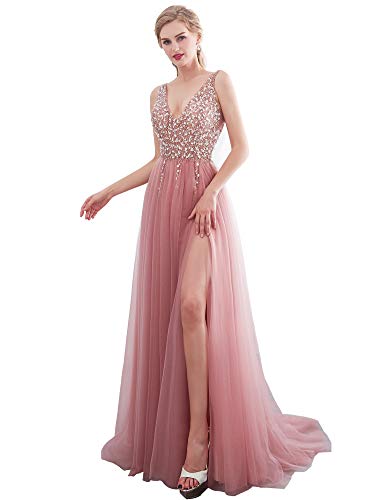 Product Cover Long Prom Formal Dress for Women, Sequins Wedding Party Maxi Bridesmaid Dresses (Dusty Pink, US6)
