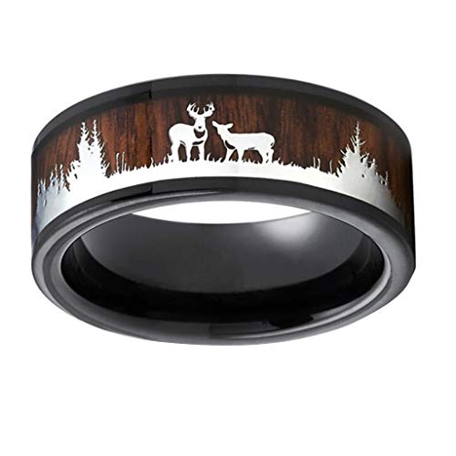 Product Cover Cibee Christmas Deer Rings Wood Inlay Ring Classics Tungsten Steel Lovers Ring (Brown, 13)