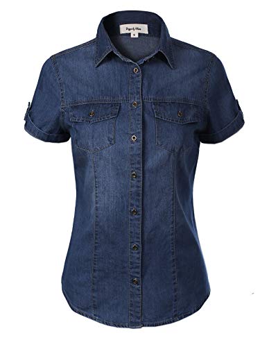Product Cover Design by Olivia Women's Cap Sleeve Button Down Denim Chambray Shirt