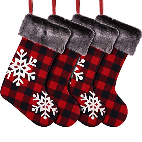 Product Cover Aneco 4 Pack 20 Inches Christmas Stockings Red and Black Buffalo Plaid Stockings with Embroidery Snowflake and Plush Faux Fur Cuff Stockings for Christmas Holiday Party Decorations