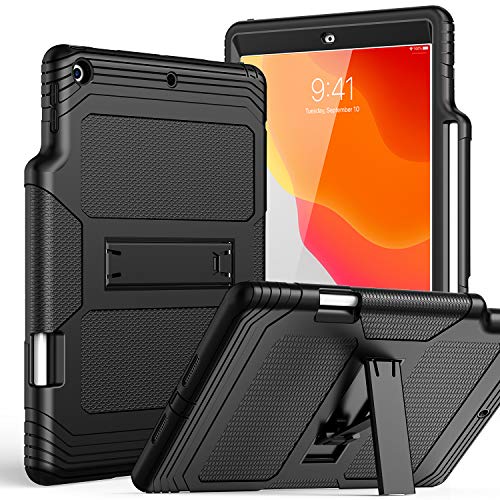 Product Cover SKYLMW iPad 7th Generation Case with Pencil Holder, iPad 10.2 Cover,Shockproof Anti-dust Anti-Scratched Rubber Hard Plastic Drop Protection Kickstand Protective Cases for iPad 10.2 inch 2019,Black