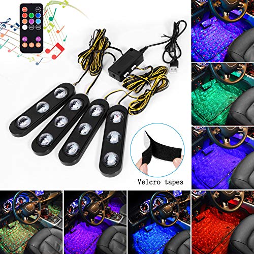Product Cover Interior Car Lights, 4 Pack LED Lights for Cars, 7 Colors USB Starry Sky LED Car Lights, Music Car Interior Lights Under Dash Lighting Kit with Sound Active Function and Remote Control, DC 5V