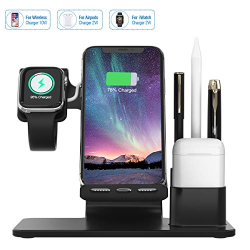 Product Cover Wireless Charger Stand, 2020 Newest Wonsidary 4 in 1 Wireless Charging Station for iPhone Xr/Xs/Xs Max/X/8/8Plus/iWatch/Airpods