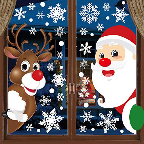 Product Cover HINZER 310Pcs Christmas Window Clings Christmas Window Decorations Xmas Window Flakes Christmas Decals for Home Deer Santa Claus and Snowflakes
