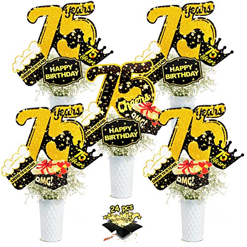 Product Cover 75th Birthday Party Centerpiece Sticks - Cheers To 75 Years Anniversary Decoration - Set of 24 Golden Glitter Table Toppers Seventy Five Years Old Birthday Party Table Supplies