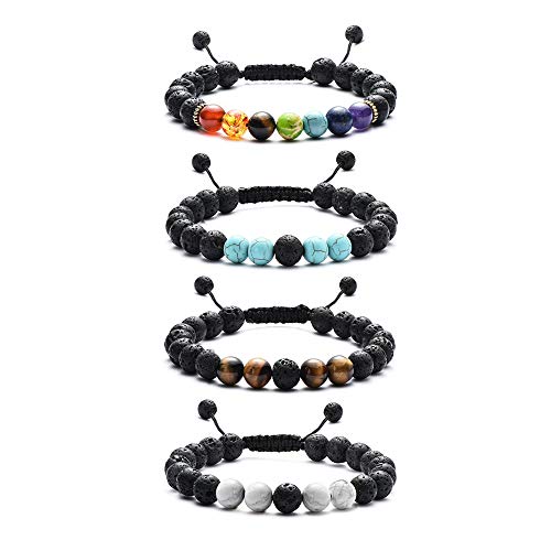 Product Cover Tigerstar Natural Lava Rock Beads Bracelet,Stretch Elastic Bracelets,Adjustable Braided Rope Gemstone Bracelets for Men Women (Mix Color 4pcs)