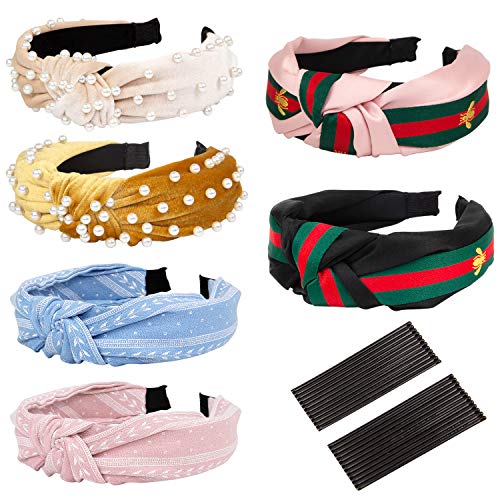 Product Cover Pearl Knotted Headbands for Women Girls, 6 Pcs Cute Fashion Elegant Cross Knot Pearl Headbands Stripe Hair Hoop - Including 2 Velvet Pearl Headbands 2 Bee Animal Headbands 2 Flower Headbands