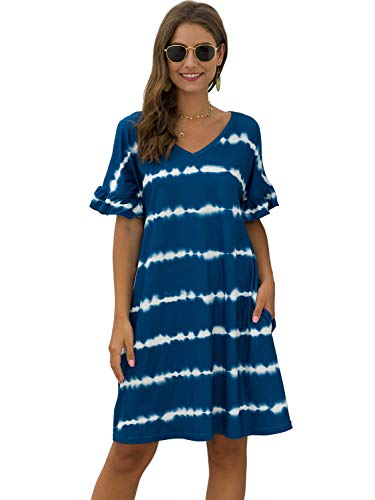Product Cover MsLure Women's Tie Dye T-Shirt Dress Short Sleeve Casual Striped Swing Tunic Dress with Pockets Navy Blue,M