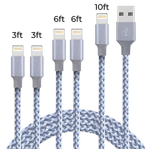 Product Cover [5 Pack ] iPhone Charger, Nylon Braided Lightning Charging Cable Cord Compatible with iPhone Xs/Max/XR/X/8/8Plus and More-3/6/10FT