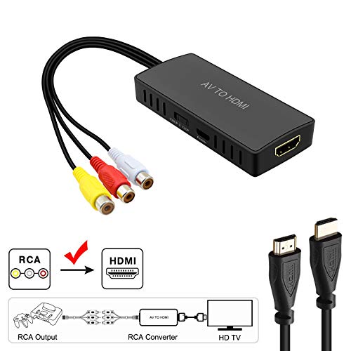 Product Cover AV to HDMI Converter, RCA to HDMI, Composite CVBS to HDMI Video Audio Converter Adapter, Support PAL/NTSC with USB Charge Cable for Nintendo 64, PC, Laptop, Xbox, VHS, VCR,Camera, DV
