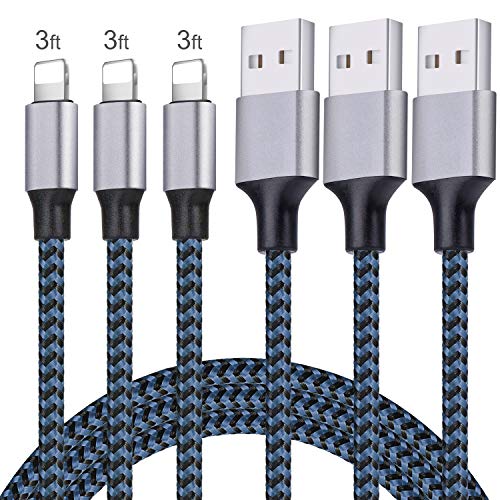 Product Cover Sundix iPhone Charger，3Pack 3FT iPhone Charger Cable，Nylon Braided Lightning Cable High Speed Connector Fast Charging & Syncing Cord Compatible with iPhone XS/XR/X/8/7/Plus/6S/6/SE/iPad/Air/Pro