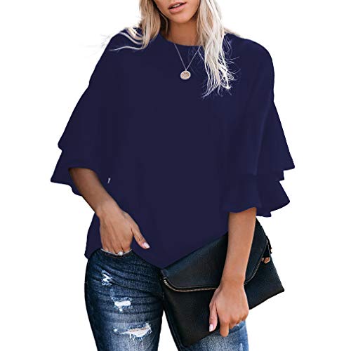 Product Cover OYANUS Womens Tops 3/4 Bell Sleeve Shirts Crewneck Summer Casual Loose Dressy Tops Blouses Navy XL