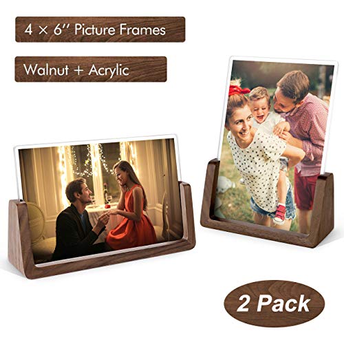Product Cover Mixoo 4x6 Wood Photo Picture Frame 2 Pack - Rustic Wooden Picture Frame with Walnut Wood Base and High Definition Break Free Acrylic Covers for Tabletop or Desktop Display (Horizontal + Vertical)