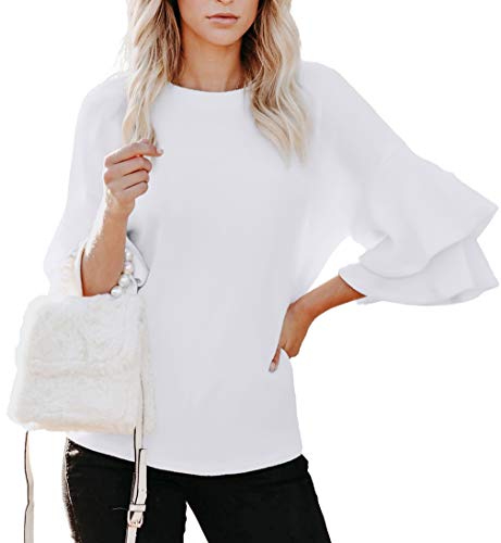 Product Cover OYANUS Womens Tops 3/4 Bell Sleeve Shirts Crewneck Ruffle Summer Casual Loose Dressy Tops Blouses White S