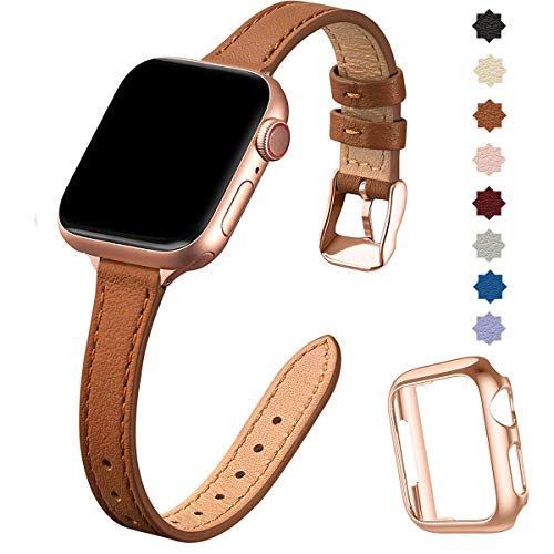 Product Cover STIROLL Slim Leather Bands Compatible with Apple Watch Band 38mm 40mm 42mm 44mm, Top Grain Leather Watch Thin Wristband for iWatch Series 5/4/3/2/1 (Brown with Rose Gold, 38mm/40mm)