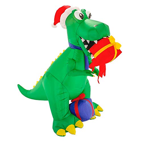 Product Cover Christmas Masters 6 Foot Inflatable T-Rex Dinosaur with Santa Hat Eating Presents Gifts LED Lights Indoor Outdoor Yard Lawn Decoration - Cute Tyrannosaurus Fun Xmas Holiday Blow Up Party Home Display