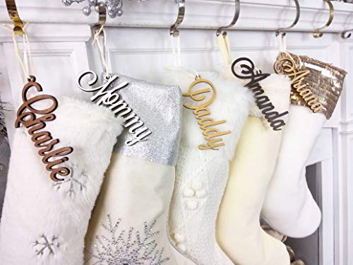 Product Cover Christmas Stocking Name Tags Personalized Stocking Wood Letters Custom Gold White Name Tags Christmas Rustic Country Farmhouse Cutout Modern