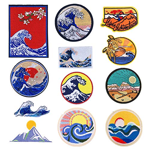 Product Cover 12 Pcs Wave Off Cool Embroidered Patch Sew On/Iron On Patches Applique Accessories Assorted Size Decoration Patches for Clothes Jackets Hats Backpacks Jeans Kids Boys Girls