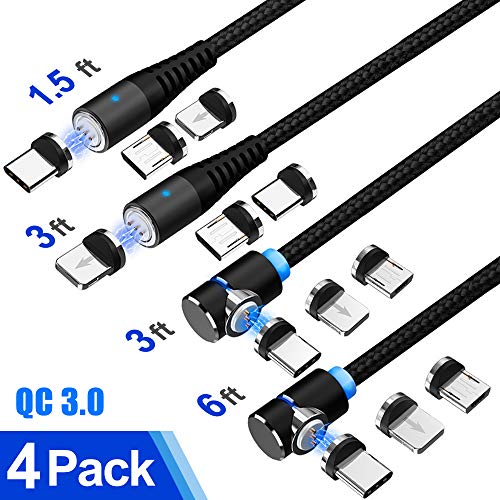 Product Cover Magnetic Charging Cable,(4Pack 1ft/3ft/3ft/6ft) LSGAE 2nd Generation 3 in 1 Cable QC 3.0 Fast Charging & Data Transmission, Compatible with Mirco USB, Type C Smartphone and iProduct Device (Black)