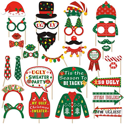 Product Cover 32 PCS Ugly Christmas Sweater Party Photo Booth Props Tacky Christmas Sweater Party Centerpiece for Christmas Party Decorations Wintertime Holiday Gathering Office Xmas Party Supplies