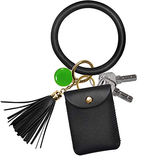 Product Cover Key Ring Bracelet, COCASES Keychain Bracelet and Credit Card Holder Leather Tassel Circle Key Wristlet for Women Girl (Black)