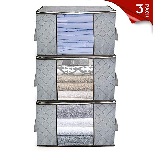 Product Cover Furthertry Closet Organizer, Space Saver Bags with Carry Handles, Under-Bed Storage for Comforters, Blankets, Bedding, Clothing,3pc Pack,Gray