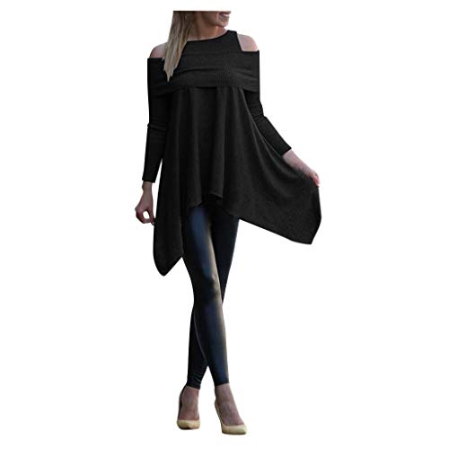 Product Cover KANGMOON Womens Turtleneck Long Batwing Sleeve Asymmetric Hem Casual Cold Shoulder Pullover Sweater Knit Tops S-5XL Black