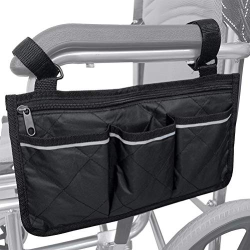 Product Cover Wheelchair Accessories, Waterproof Wheelchair Side Bags Organizer to Hang on Side with Bright Line Black Walker Storage Organizers for Home/Outdoor/Car (Black Side)