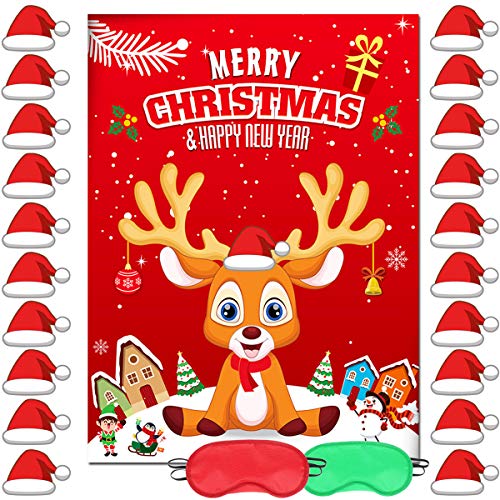 Product Cover Christmas Party Games Xmas Activities Pin The Hat on The Reindeer Xmas Gifts for Kids New Year Party Favor Supplies with a Large 21
