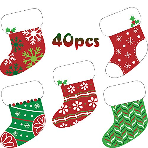 Product Cover 40 Pieces Mini Colorful Christmas Stocking Cut-Outs Assorted Xmas Stocking Cut-Outs with Glue Point Dots for Winter Bulletin Board Classroom School Christmas Candy Party Decorations, 5.9 x 5.9 Inch