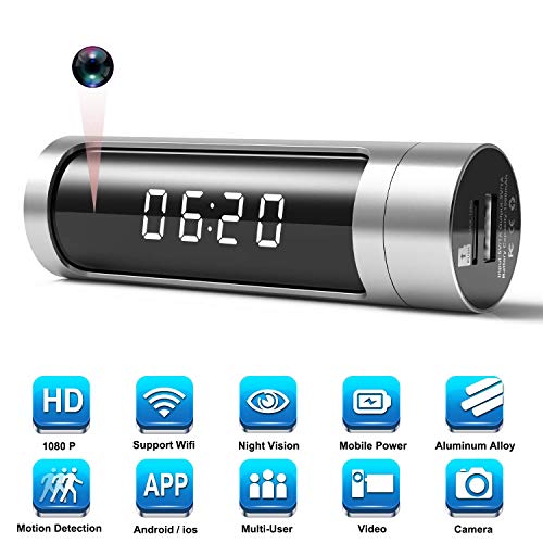 Product Cover Hidden Spy Camera Clock Cam, WiFi 1080P Aluminum Alloy IP Network Camera Alarm with Built-in 1000mAh Power Bank/ 150 Wide Angle/iOS & Android APP or PC Remote Control/Night Vision/Motion Detection