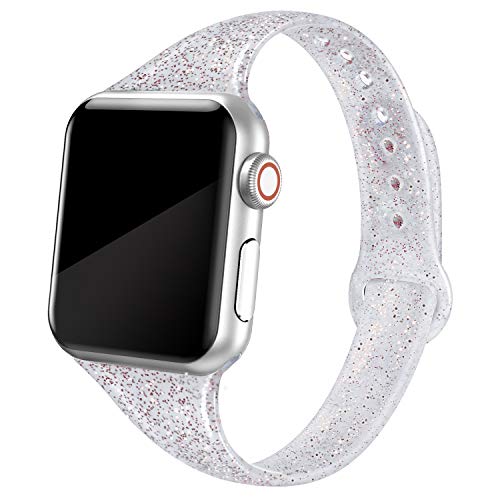 Product Cover SWEES Sport Band Compatible with Apple Watch 38mm 40mm 42mm 44mm, Shiny Bling Glitter Soft Slim Thin Narrow Small Replacement Silicone Strap Compatible for iWatch Series 5/4/3/2/1, Sport Edition Women