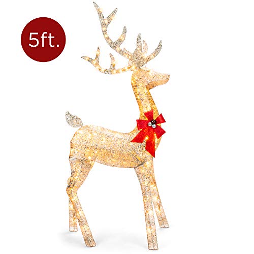 Product Cover Best Choice Products 5ft 3D Pre-Lit Gold Glitter Christmas Reindeer Buck Holiday Yard Decoration w/ 150 Incandescent Lights, Red Bow, Stakes & Zip Ties