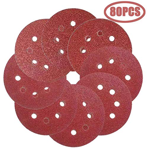 Product Cover 5-Inch 8-Hole Hook and Loop Sanding Discs, 40//60/80/120/240/320/800/1000 Assorted Grits Sandpaper - Pack of 80