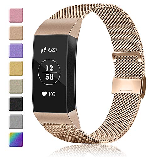 Product Cover AK Stainless Steel Replacement Bands Compatible for Fitbit Charge 3 / Fitbit Charge 3 SE Bands, Metal Mesh Breathable Sport Wristband Loop with Adjustable Magnet Clasp (01 Rose Gold, Small)