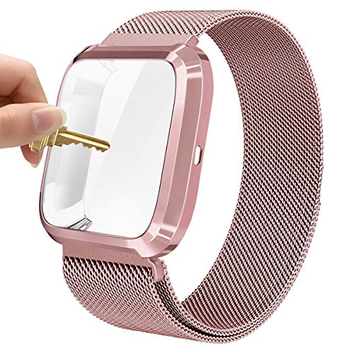 Product Cover Maxjoy Compatible with Fitbit Versa Bands, Versa 2 Stainless Steel Metal Band Magnetic Mesh Replacement Bracelet Magnet Wristband with Protective Case Compatible with Fitbit Versa 2 1 Watch,Rose Gold