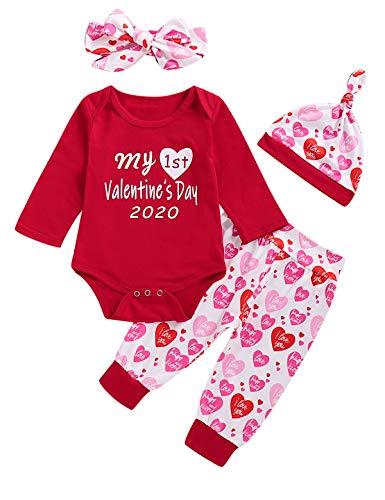 Product Cover Shalofer Baby Girl Boy My First Valentine's Day 2020 Infant Lovely Long Sleeve Pant Set (Red2020,6-12 Months)