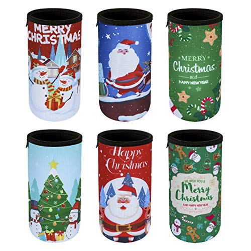 Product Cover Beautyflier 12oz Slim Can Neoprene Bottle Insulator Sleeve Collapsible Drink Slim Can Cover for 12 Ounce Energy Drink Beverage Beer Can (Christmas Pattern (6 Pcs))