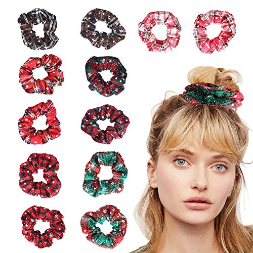 Product Cover Yanwenx 12 Pieces Christmas Scrunchies for Hair, Snowflakes Elastic Hair band Plaid Hair Ties Ropes Christmas Decoration Scrunchy Ponytail Holder Hair Accessory for Girls and Women- Assorted Colors