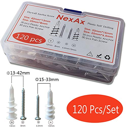 Product Cover Drywall Anchors, 120pcs Plastic Self Drilling Hollow Wall Anchor with Tapping Screws Assortment Kit in 2 Sizes