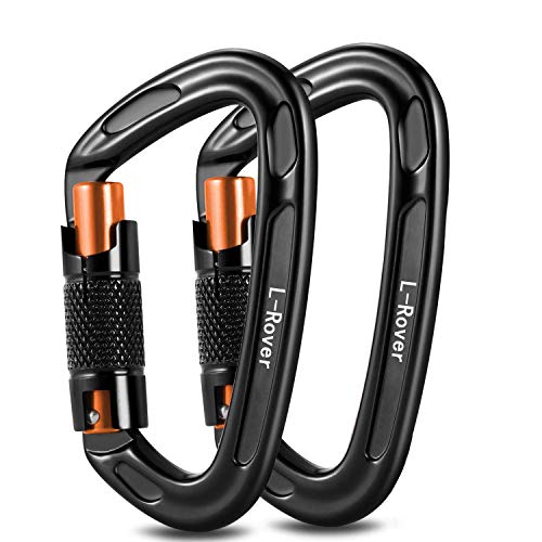 Product Cover L-Rover Ultra Sturdy Twist Lock Climbing Carabiner Clips, Auto Locking and Heavy Duty Caribeaners, x2/24kN/5400-pound Rating for Hammocks, Rappelling (Auto Locking,24KN,Black/Orange)