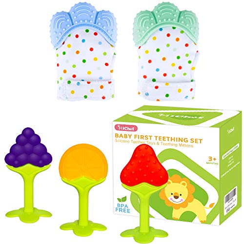 Product Cover Teething Mittens for Baby (2 Pack) with Baby Teething Toys (3 Pack), Self Soothing Pain Relief Mitt, Silicone Baby Teethers, BPA-Free, Natural Organic Freezer Safe for Infants and Toddlers