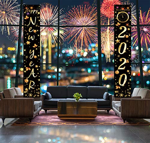 Product Cover LUCKKYY Happy New Year 2020 Porch Sign - 2020 Happy New Year Hanging Banner Set for Outdoor/Indoor Home Front Door New Year Holiday Party Decoration (Gold)