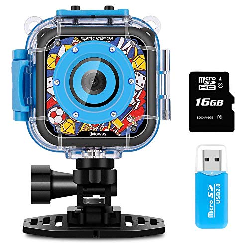 Product Cover iMoway Kids Camera, Waterproof Video Cameras for Kids HD 1080P Kids Digital Cameras Camcorder with 16GB Memory Card, Card Reader and Floating Hand Grip (Blue)