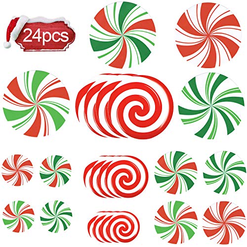 Product Cover Alpurple 24 Pieces Peppermint Floor Decals Stickers- Self-Adhesive Design Christmas Candy Stickers,Floor Window Clings for Christmas Valentine's Day Candy Party Decorations(red +Green)